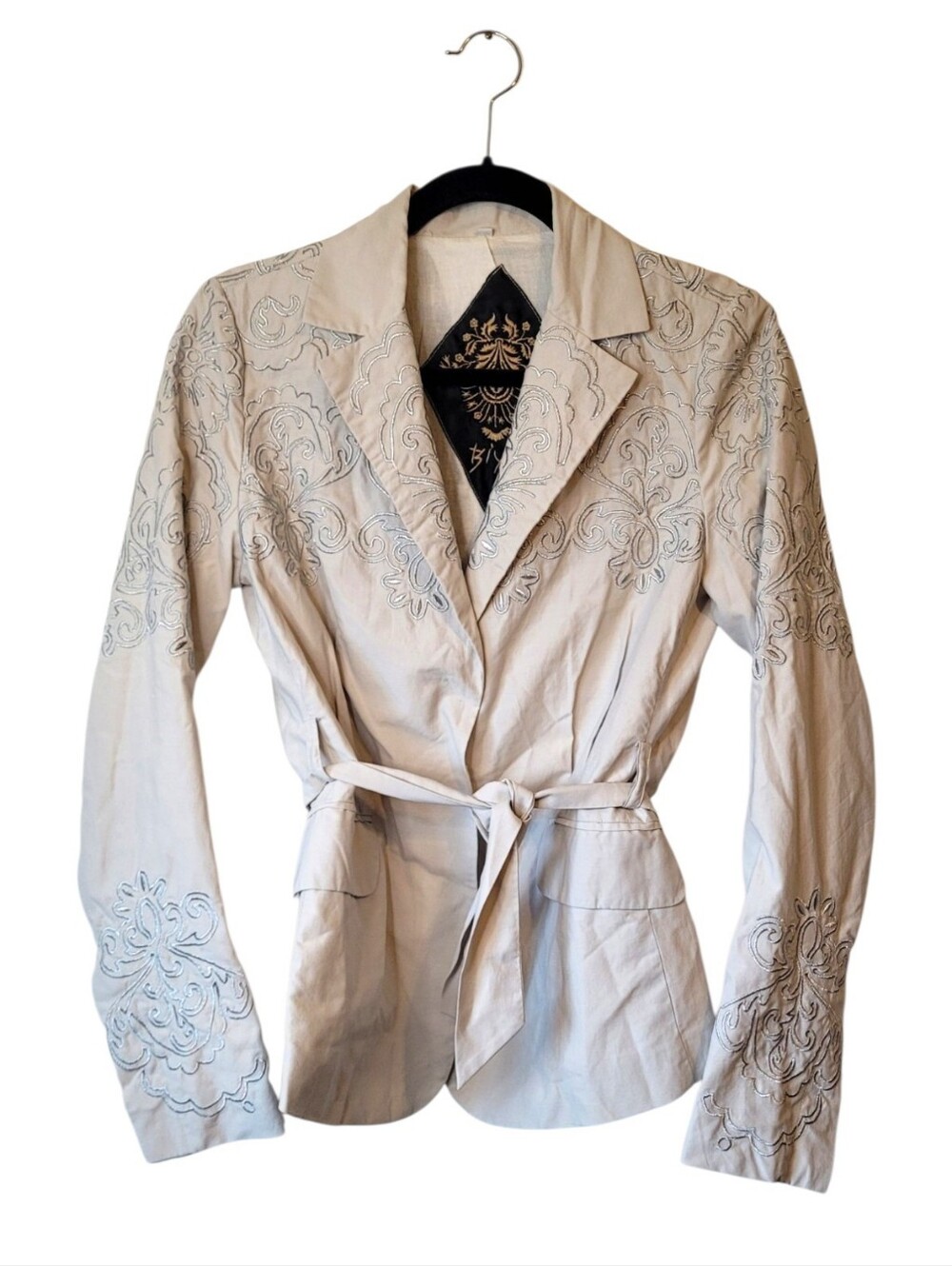 Biya Beige & Silver Embroidered Wrap Blazer Jacket with Tie Belt Size XS